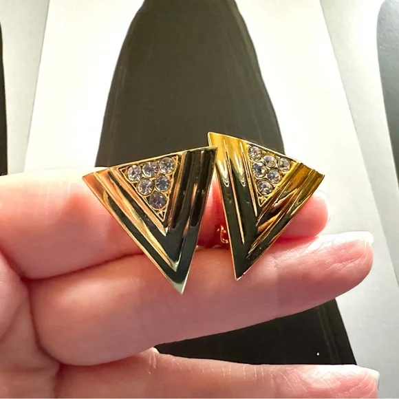 1990s Vintage Gold Tone Triangular Clip On Earrings with Clear Crystal Accents - Picture 10 of 11